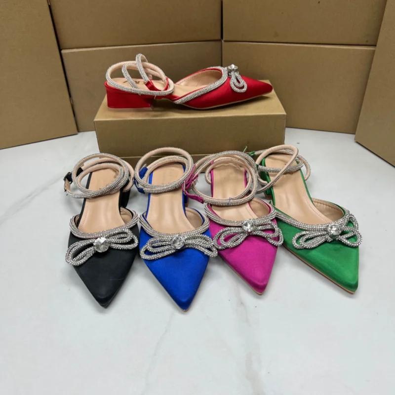 Moda Sapatos Femininos De Bico Fino De Luxo Strass Bowknot Marca Designer Salto Baixo Moda Tira No Tornozelo Elegante Flats para Senhoras