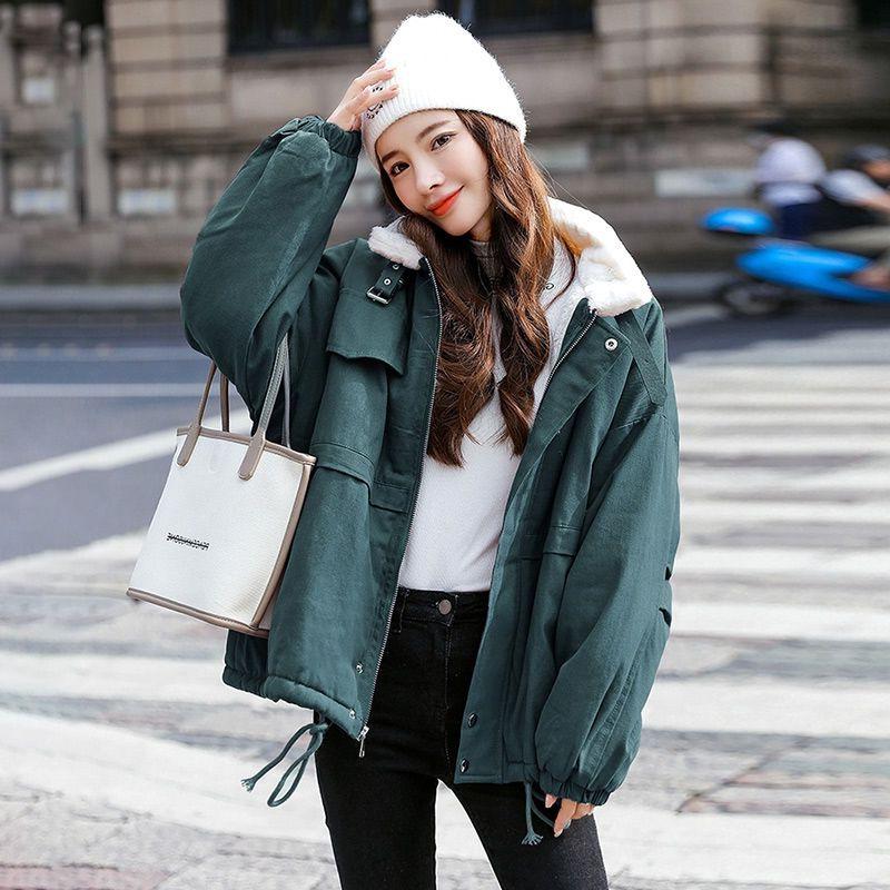 Autumn Winter Versatile Lamb Wool Fleece Lined Thickened Contrast Color Panel Cargo Jacket Women's Thickened Jacket