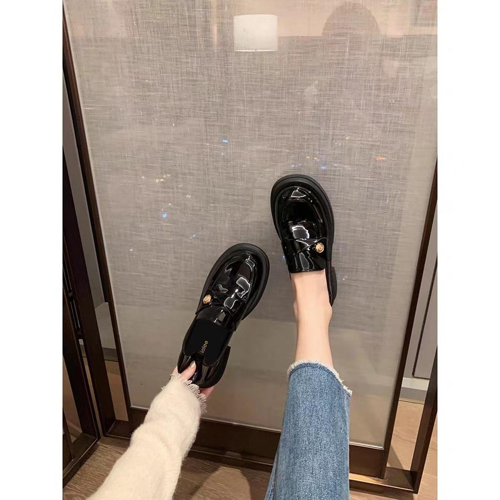 Cowhide version, British style leather small gold coin single shoes thick heel soft sole platform loafer small leather shoes  autumn and winter
