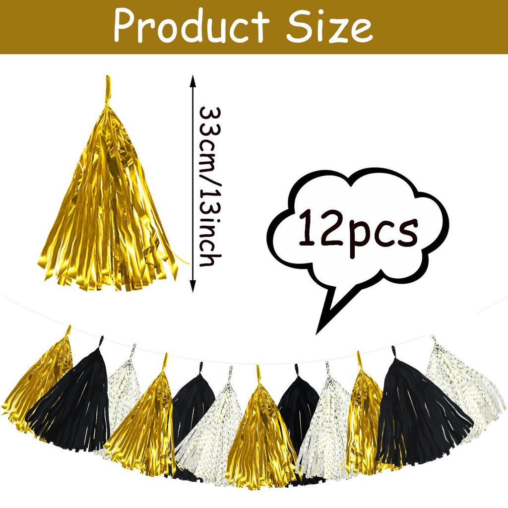 Black, Gold & White Three-Color Tassel Strands - 12 Pcs Aluminum Foil Streamers for DIY Decoration