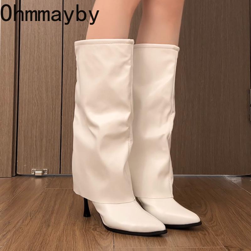 Winter Street Pointed Toe Women Knee High top Thin Heels Female Sexy Splicing Party Long Booties De Muje