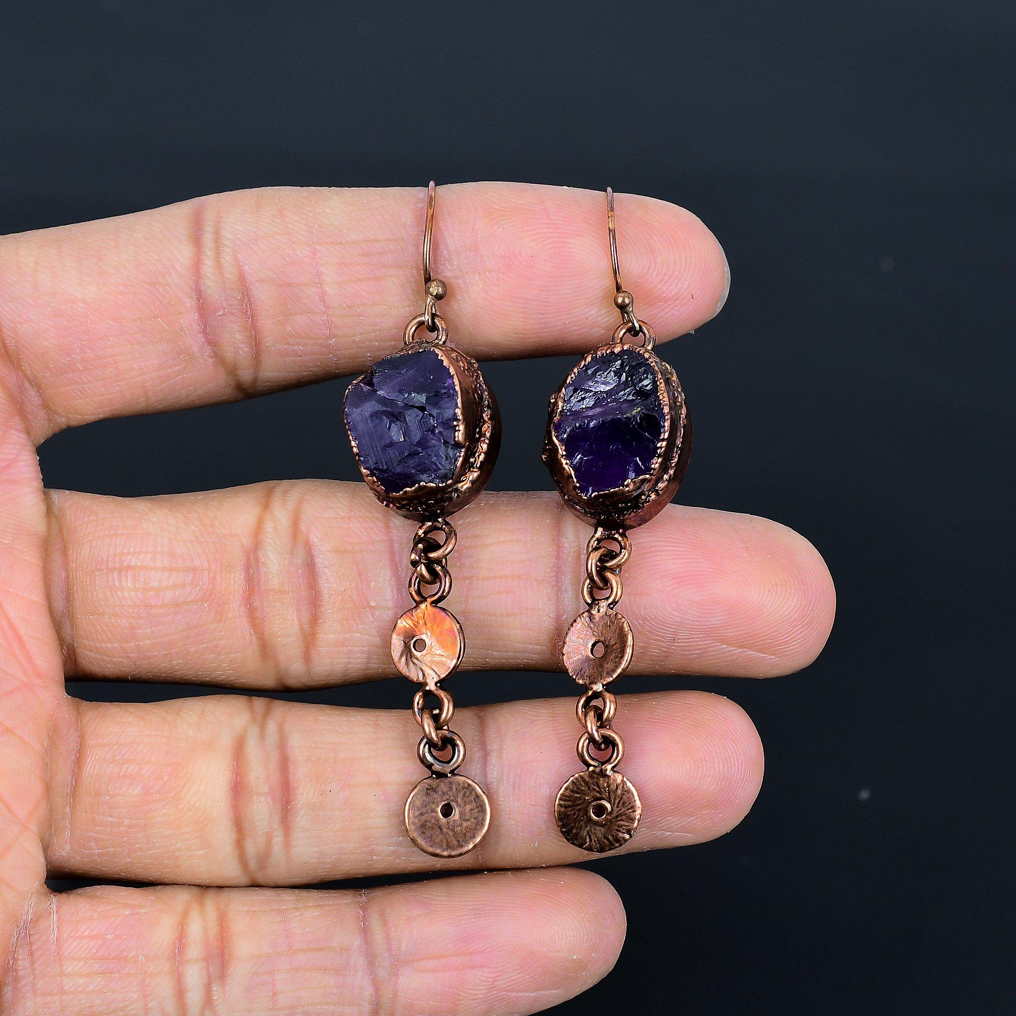 

Amethyst Copper Electroformed Earrings, Handmade Gemstone Earrings, Gift For Mom Antique Jewelry 2.55 Inches