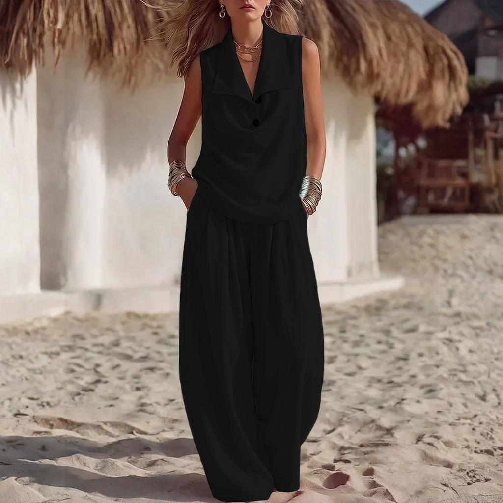 Women's Two Piece Set Sleeveless Collar Top and Wide Leg Pants Casual Loose Fit Outfit Suitable for Daily Wear and Relaxed Occasions