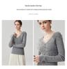 Women's Cloud Leaf Lace V-Neck Cashmere Sweater: Autumn/Winter Slimming Pullover, Single-breasted Base Layer Top.