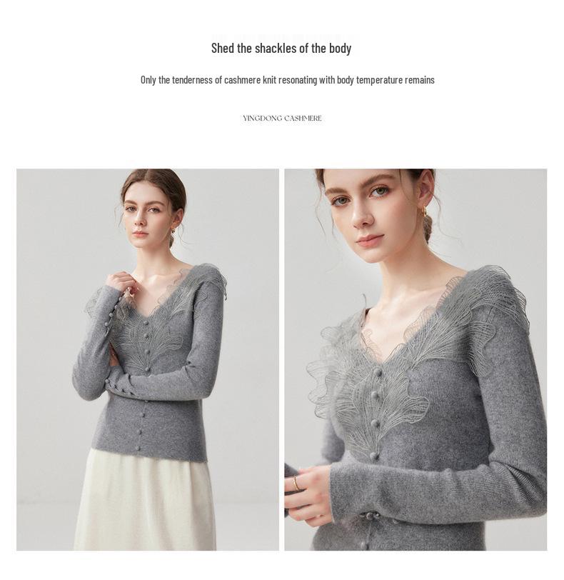 Women's Cloud Leaf Lace V-Neck Cashmere Sweater: Autumn/Winter Slimming Pullover, Single-breasted Base Layer Top.