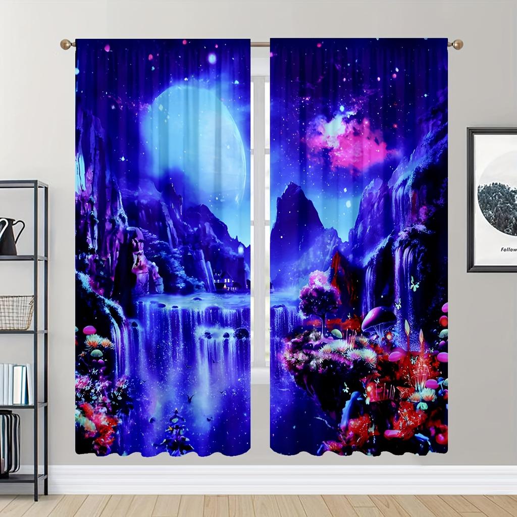 2pcs Semi-Blackout Curtain Japanese Landscape & Torii Gate Design Polyester Woven Contemporary Style Machine Washable Rod Pocket