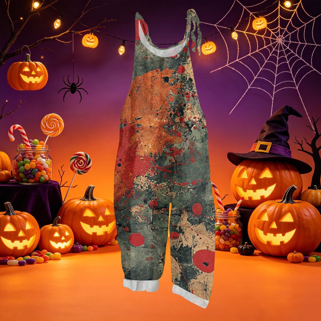 Women's Loose Fit Vintage Overalls Casual Jumpsuit Sleeveless Cotton Linen Blend Halloween Print Adjustable Strap
