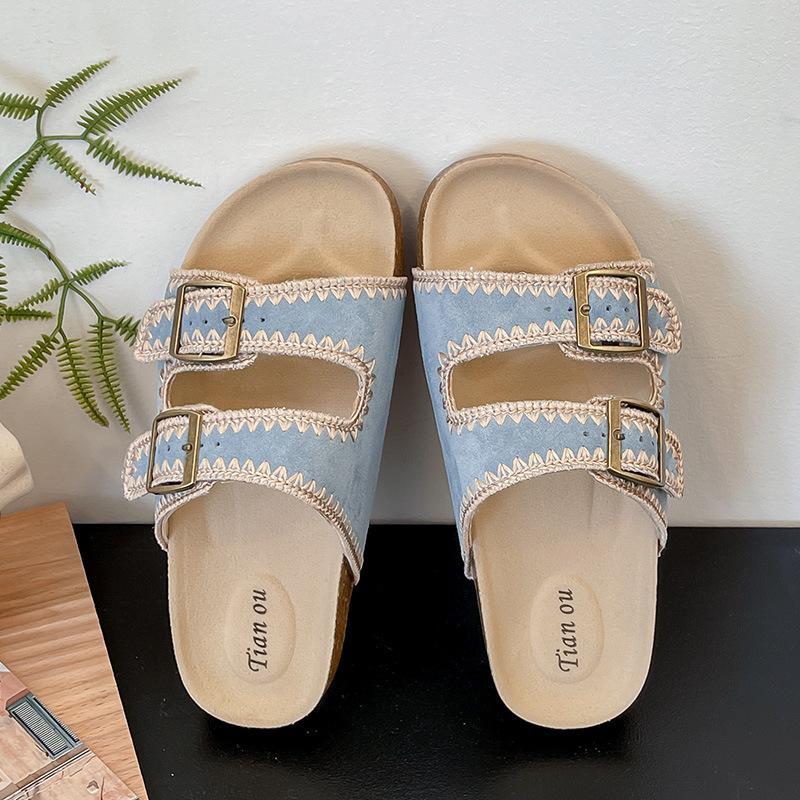 Mori Retro Double-buckle One-word with Thick-soled Slippers for Women's Outer Wear 2025 New One-pedal Birkencool Slippers