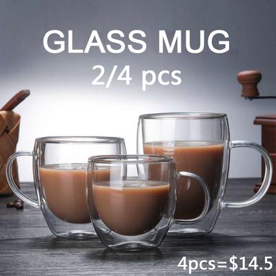2/3/4 Pièces Mug en Verre Borosilicate Haut à Double Paroi Résistant à la Chaleur Thé Lait Jus de Citron Café Tasse à Eau Boissons de Bar Cadeau pour Amoureux