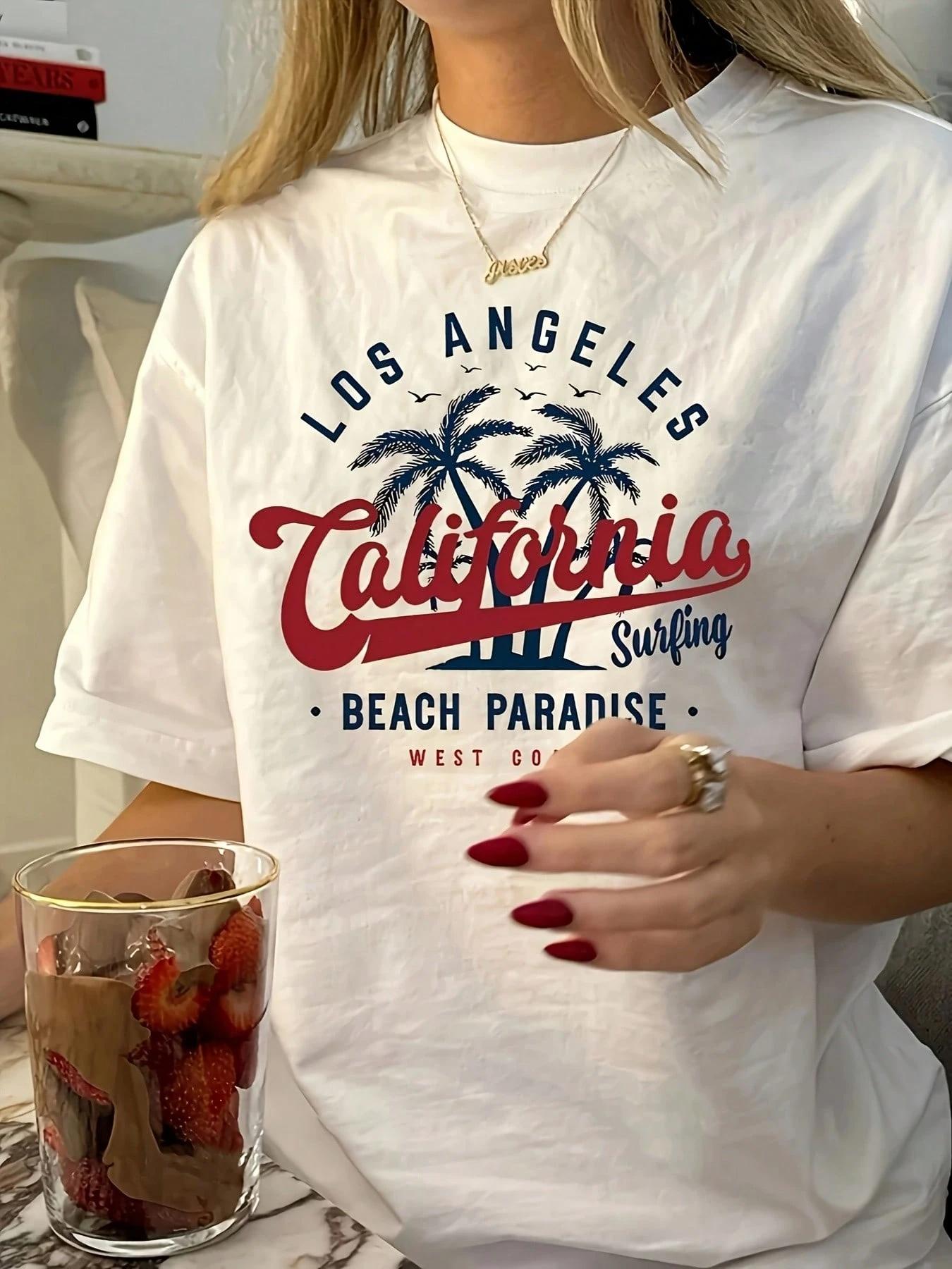 

Womens Casual Beach Surfing Graphic TShirt Palm Tree Design Round NeckSummer Essential For Casual Attire Beach Outings 4XL