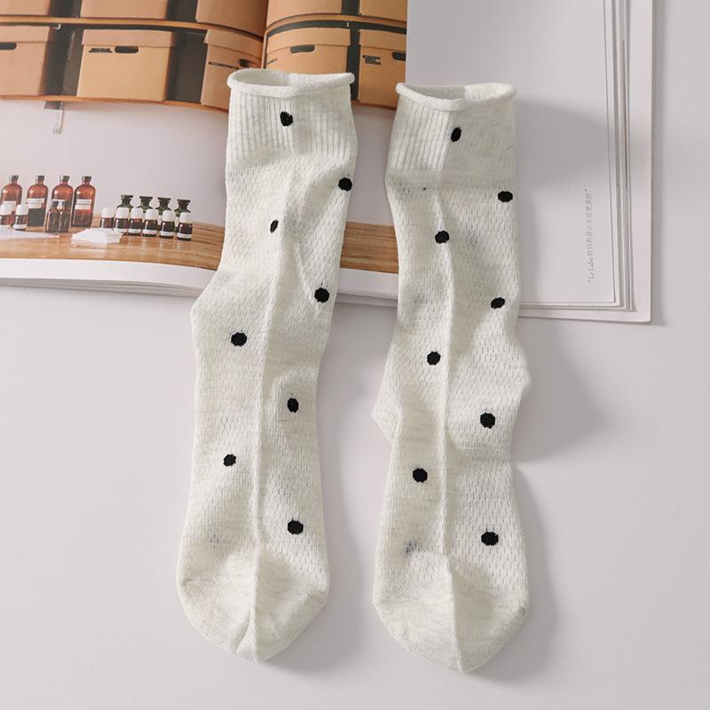 Women's Polka Dot Breathable Cotton Slouch Socks - Retro Style Mesh Mid-Calf with Rolled Cuff