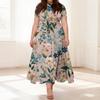 Abito Casual da Donna Taglie Forti Stampa Floreale Retro Girocollo Manica Corta Tasca Cintura Cravatta