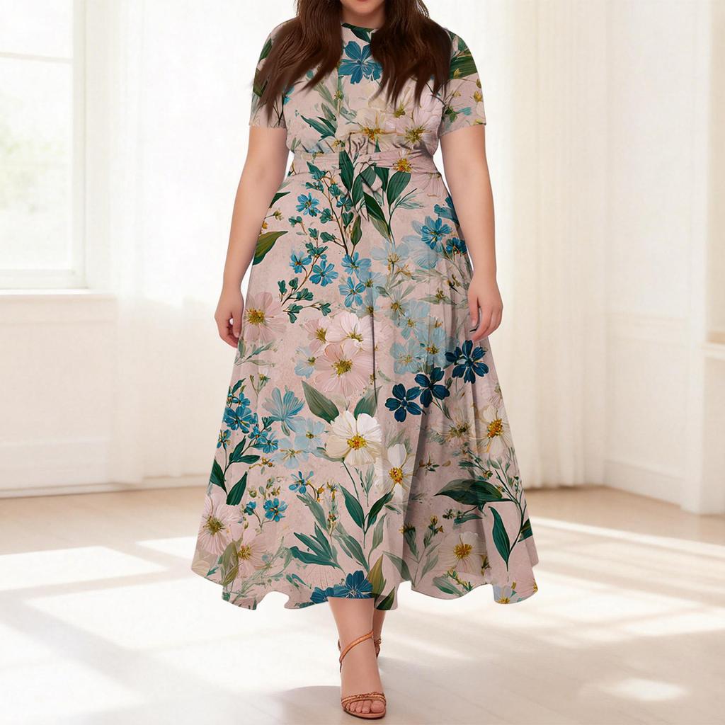 Abito Casual da Donna Taglie Forti Stampa Floreale Retro Girocollo Manica Corta Tasca Cintura Cravatta
