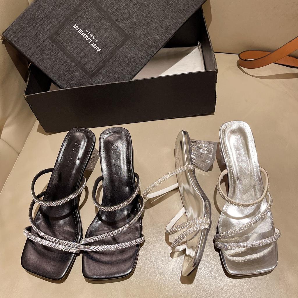 Crystal thick heel sandals with skirt rhinestone slippers 2025 new temperament high heel women's sandals women's summer wear