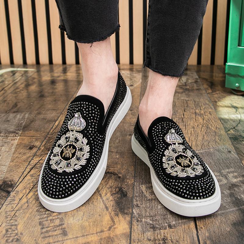 New Luxury Men Embroidered Rhinestone Loafter Leisure Leather Shoes Male Comfortable Sneakers Tenis Masculino Zapatos Hombre