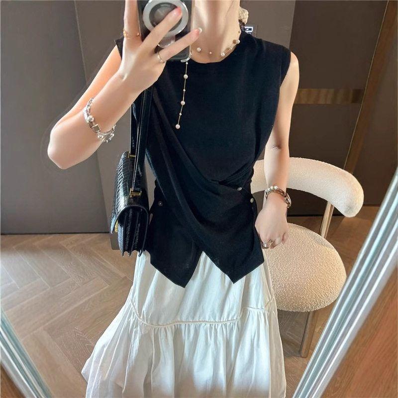 French-Style Elegant Design Pleated Waist-Cinching Sleeveless Knit T-Shirt for Women, 2025 Autumn New Versatile Slim-Fit Top