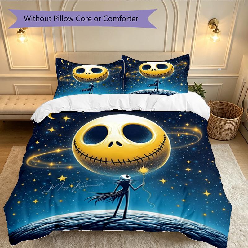 Halloween Jack Sally Skull Duvet Cover Set - Without Core & Quilt, Lightweight Machine Washable, Anime Style Gaming Bed Set