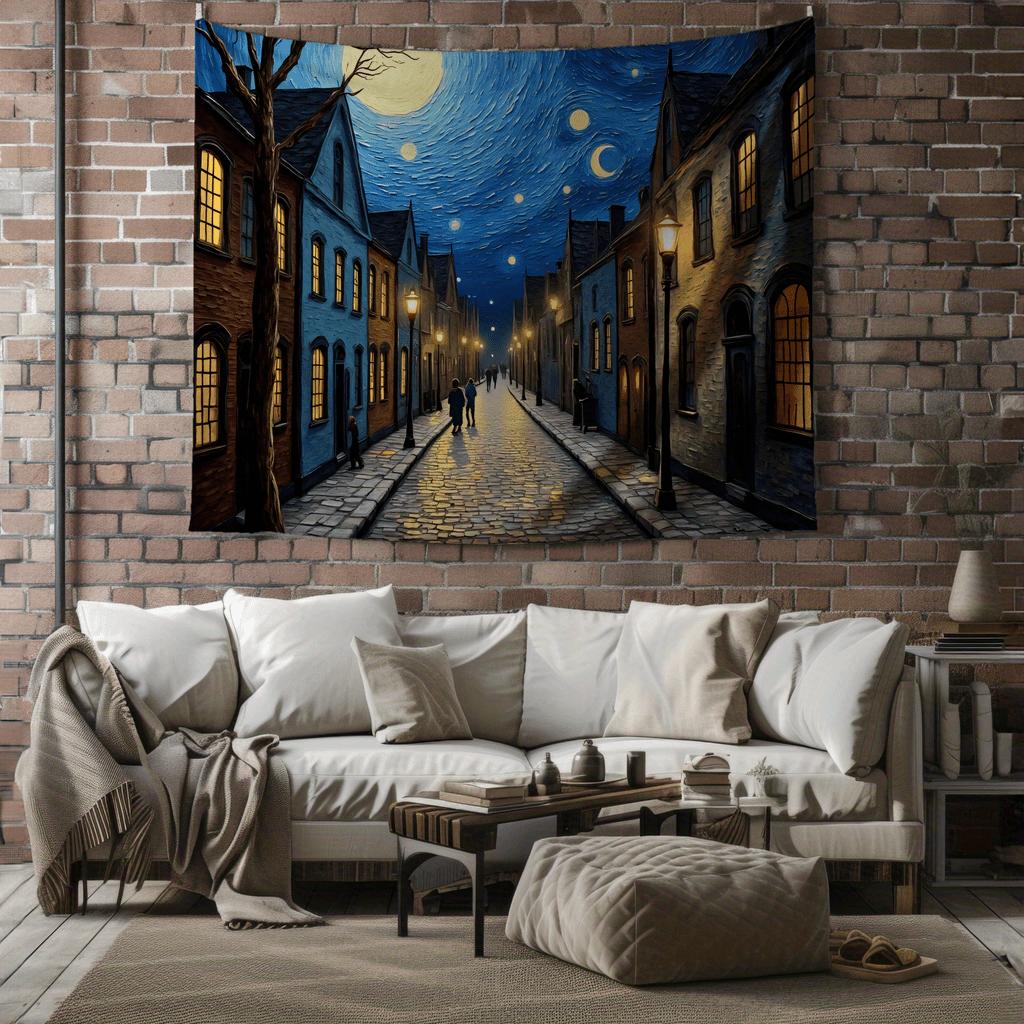 1pc Large European Town Night Tapestry Wall Hanging - Van Gogh-Inspired Starry Night Effect, Cobblestone Streets & Moonlit House