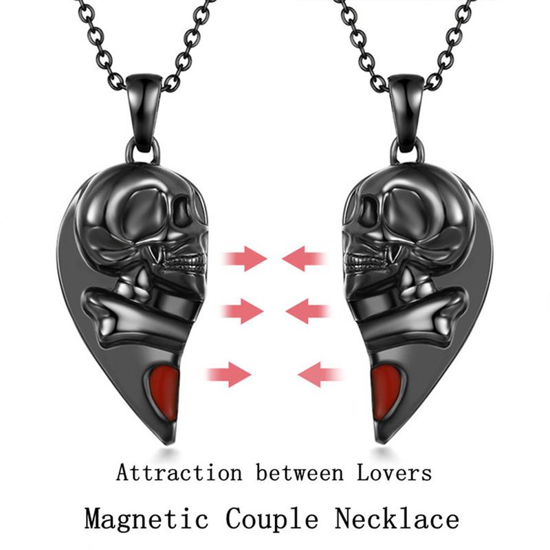 Gothic Minimalist Punk Creative Skull Red Love Magnetic Couple Heart Necklace for Women Men Jewelry Gifts Halloween