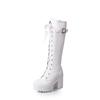 Lace Up Knee High Boots Women's Fashion White Round Toe Square Heel Knight Boots Winter Platform PU Women Shoes Large Size 42 43