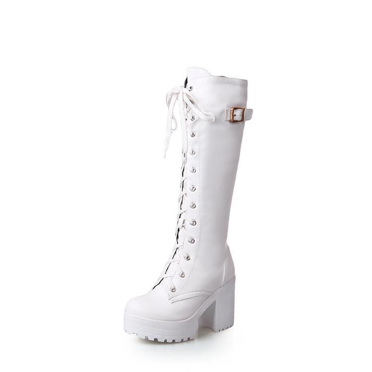 Lace Up Knee High Boots Women's Fashion White Round Toe Square Heel Knight Boots Winter Platform PU Women Shoes Large Size 42 43