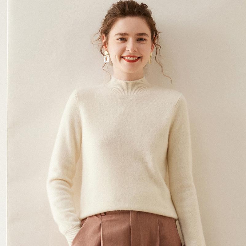 Women's Slim-Fit Half-High Neck Warm Cashmere Knitted Sweater Pullover - Versatile Autumn/Winter Wear