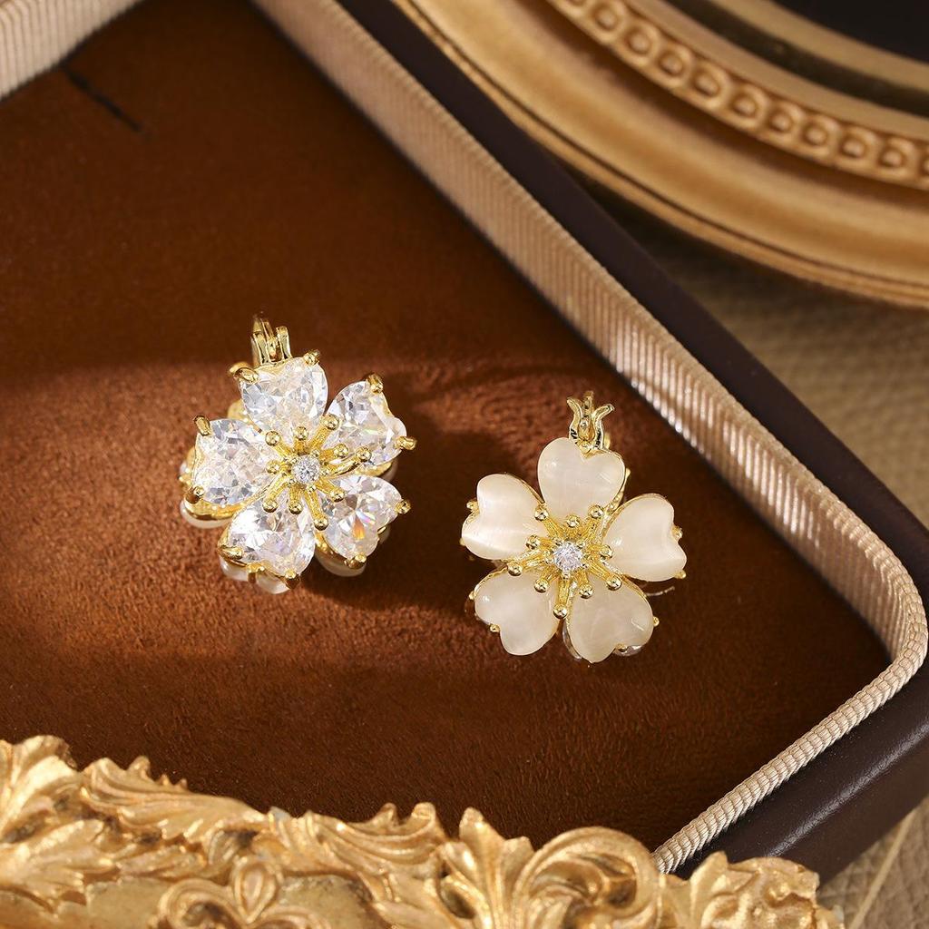 Trendy Double-Sided Flower Cat's Eye Earrings - Mori Style, Sweet & Versatile with a High-End Feel
