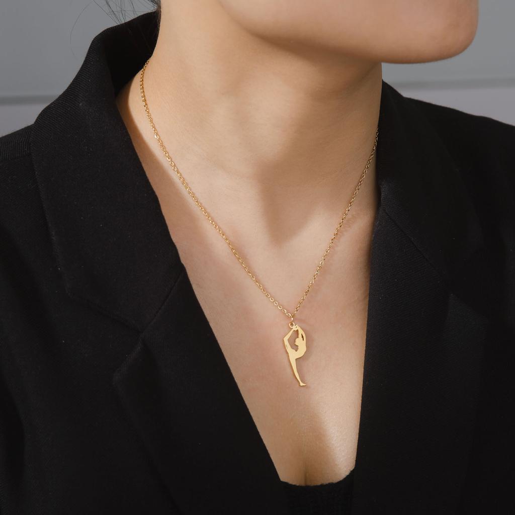 Polished Titanium Steel Cut Gymnastics Design Pendant Necklace Sports Jewelry
