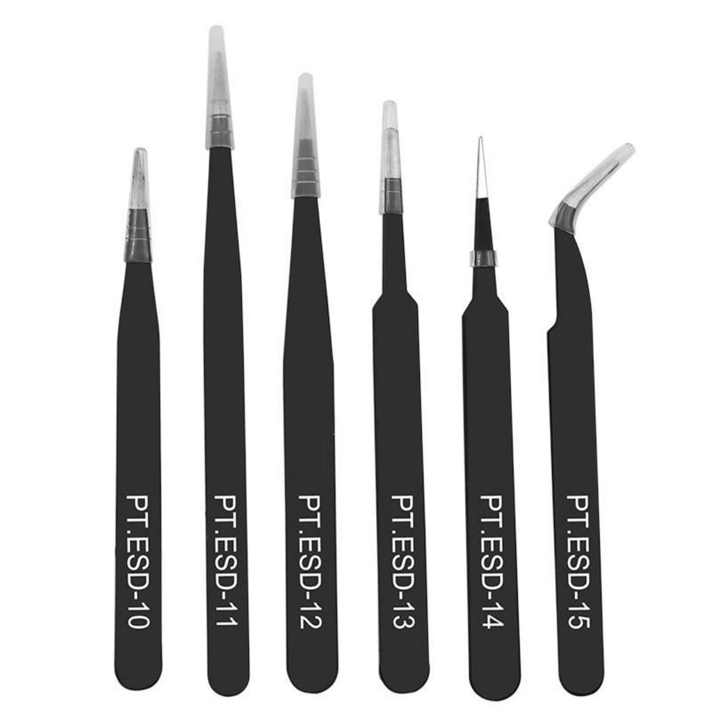 6pcs Anti-static ESD Stainless Steel Tweezers Maintenance Tools Industrial Precision Curved Straight Repair