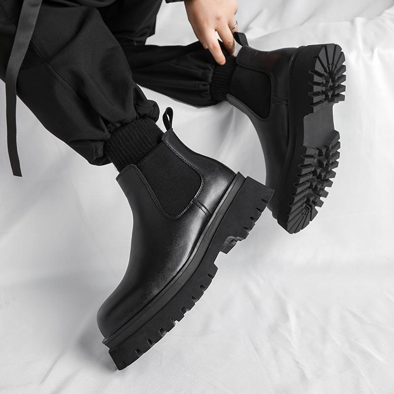 Luxury Brand Men's British Style Comfortable Thick Soled Chelsea Boots Classic Black Men's Fashionable Breathable Mid Top Boots