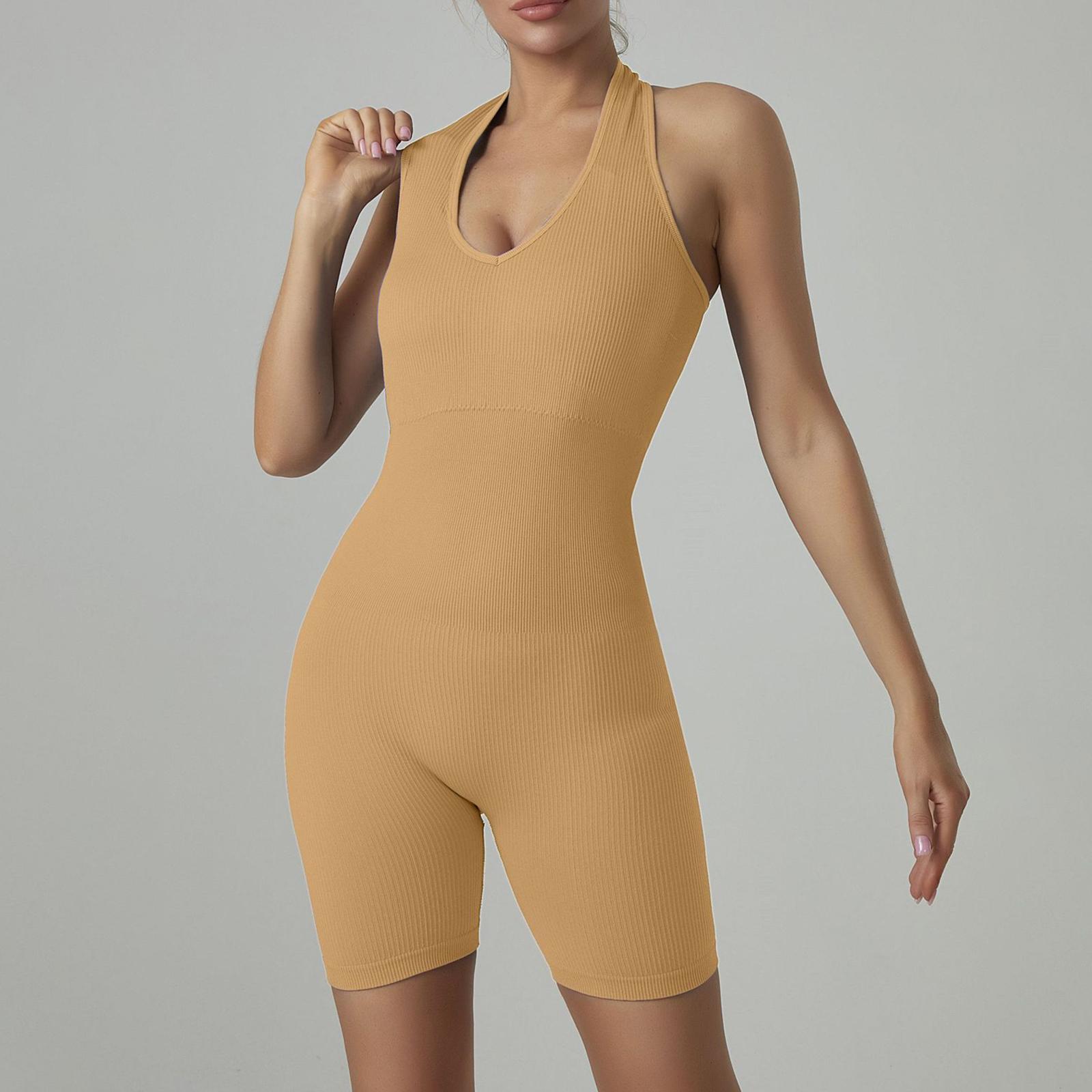 

Sleeveless Ribbed Bodysuit for Women Athletic Neck Fitted Short Romper Yoga Workout Jumpsuit M хаки