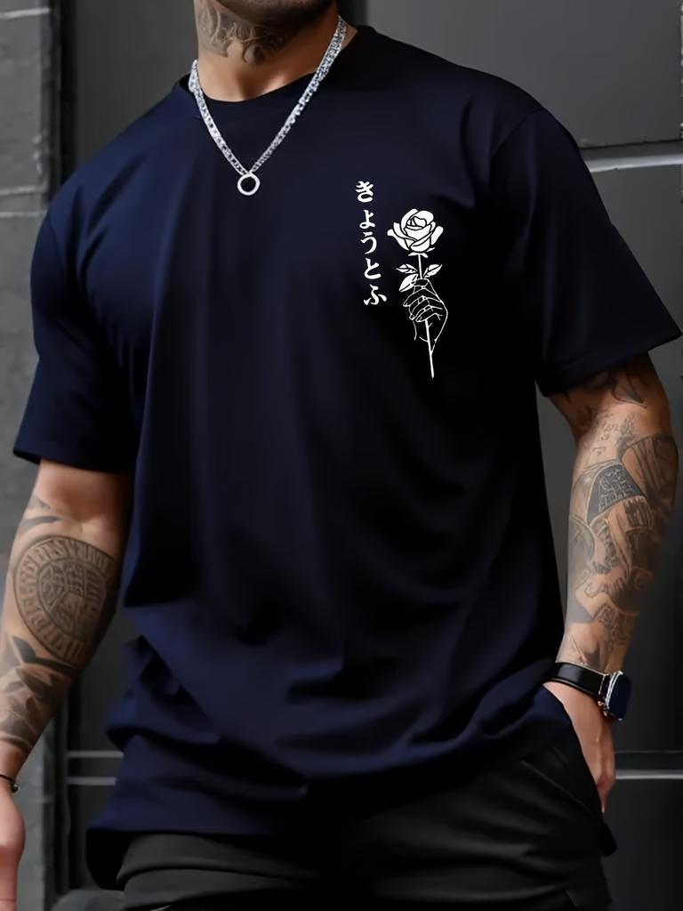Japan Letter Rose Graphic Men's Short Sleeve Tshirt Summer Oversized Casual O-neck Top Sport Breathable Cotton Streetwear Tshirt