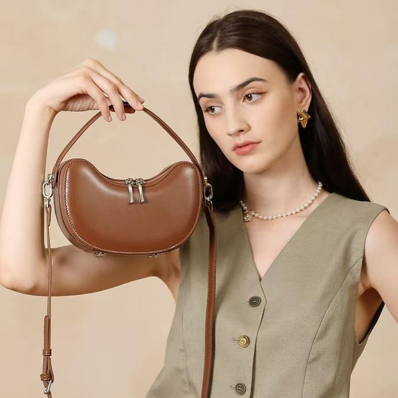 Luxury Designer Genuine Leather Crescent Bag for Women Smooth Top Handle Shoulder Crossbody Bag