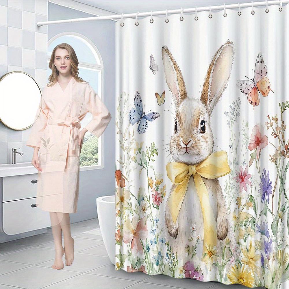 1pc Watercolor Rabbit & Butterflies Shower Curtain - Soft Pastel Florals, Polyester, Washable, All-Season, Universal Holiday
