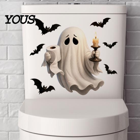 Cute Ghost Bathroom Wall Murals Halloween Toilet Seat Cover Stickers, Scary 3D Crack Skeleton Creative Tank Decorations Lid Decals, Waterproof
