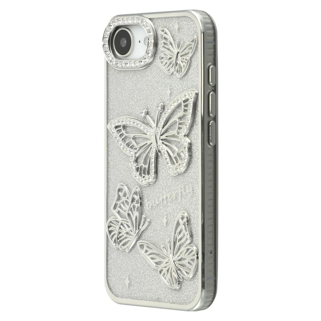 For iPhone 16e Case Rhinestones Decor 3D Butterfly TPU Phone Cover with Glitter Paper