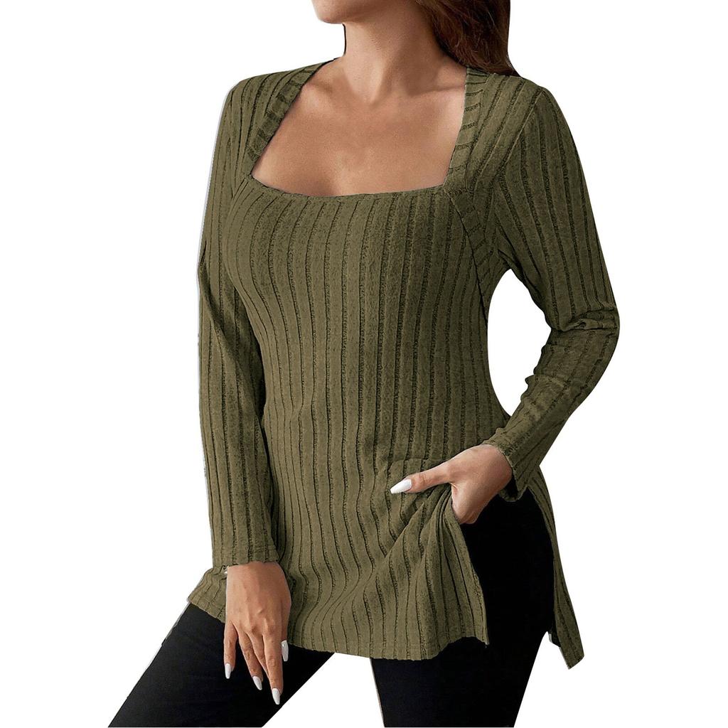 Women's Plus Size Casual And Fashionable Square Neck Long Sleeved Slit Top Slit Top