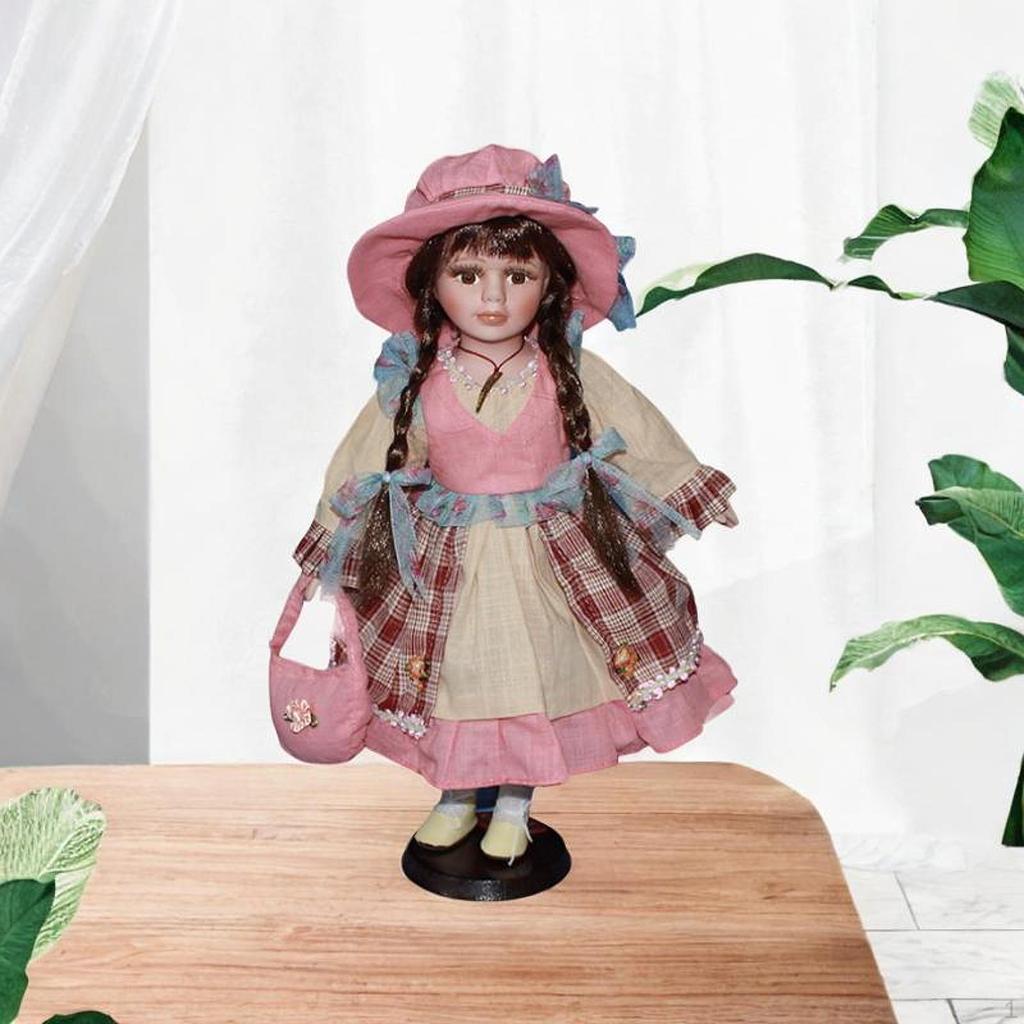 15.75'' Porcelain Doll Ceramic Beautiful with Hat and Hair Decorative for Ornament