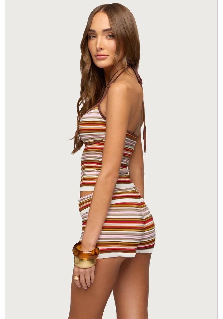 Women's Summer Color Block Stripe Spaghetti Strap Slim Fit Shorts Set