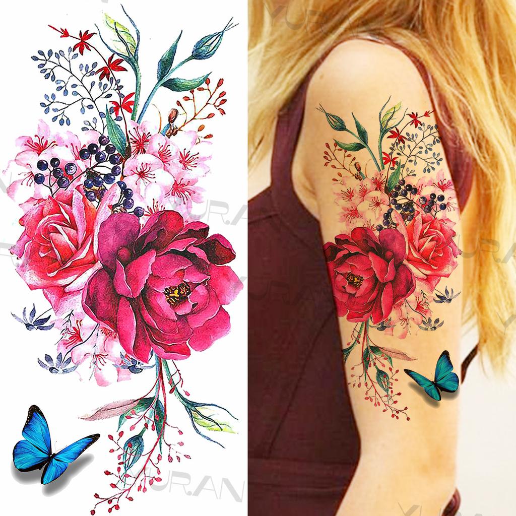 Large Colorful Rose Flower Temporary Tattoos For Girls Women Anchor Fake Gemstone Pendant Tattoo Paste Arm Body Tatoos Creative