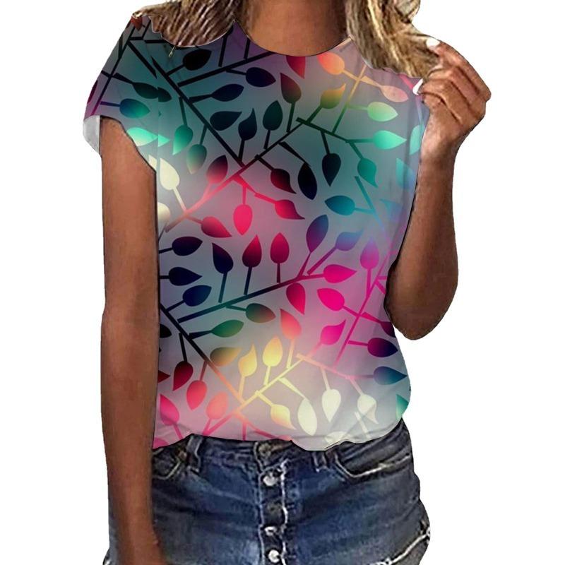 Women's Summer Casual Round Neck Pullover Short Sleeved Digital Printed Loose T-shirt
