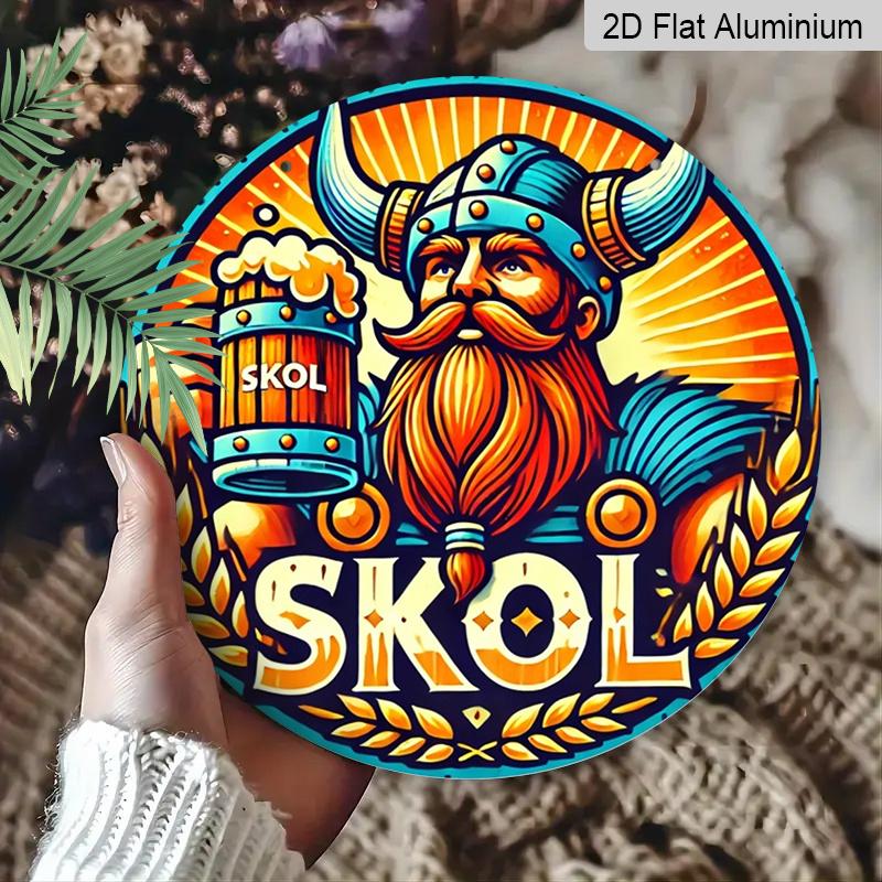 2D Flat 1pc, 8x8 in, Vintage Skol Beer Viking Design Aluminum Metal Decorative Signs & Plaques, Round Door Mount Metal Wall Decor for Bar, Cafe