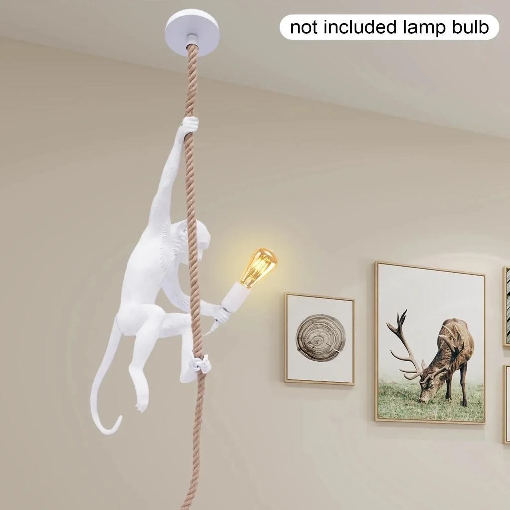 Bymaocar White Vintage Resin Monkey Pendant Light, Vintage 8.2ft Long Hemp Rope Pendant Lamp Lighting Fixture E27 for Bar / Cafe
