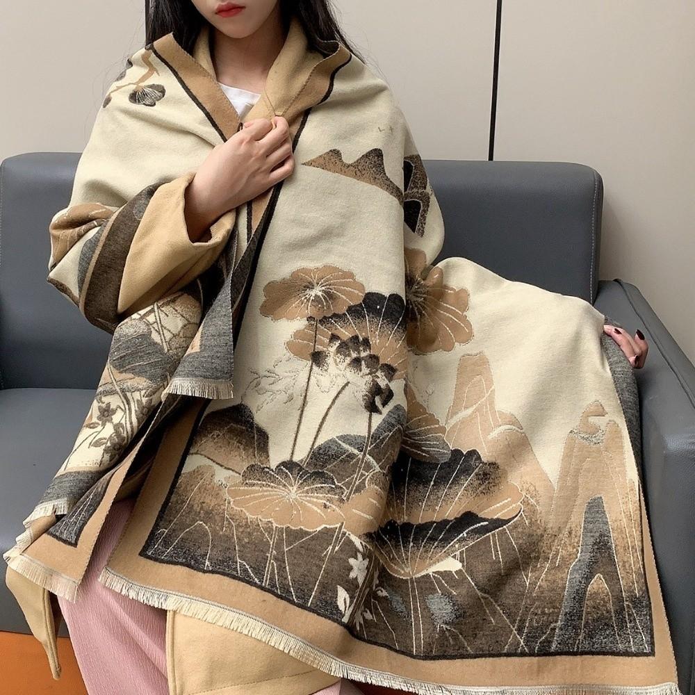 Chinese Style Imitation Cashmere Scarf Double-sided Ink Painting Theme Pashmina Blanket Thick Warm Poncho Scarves Winter Season