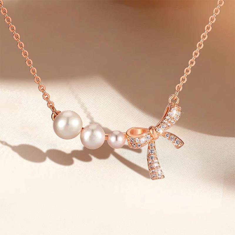 S925 Sterling Silver Bow Pearl Necklace - Light Luxury Fashion Freshwater Pearl Pendant for Women S925 Silver