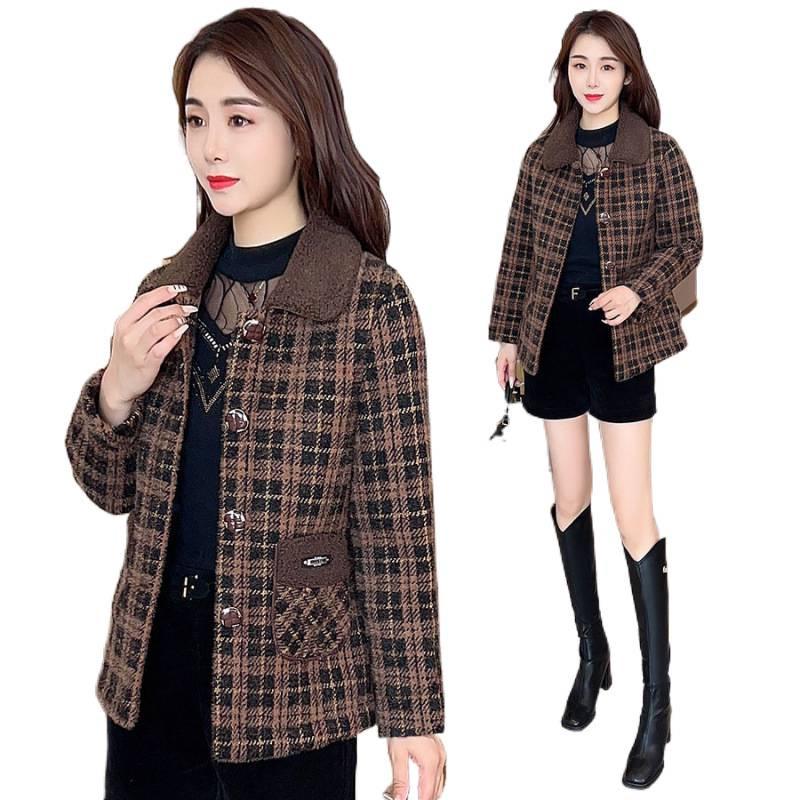 Plaid Square Neck Autumn/Winter Coat for Women