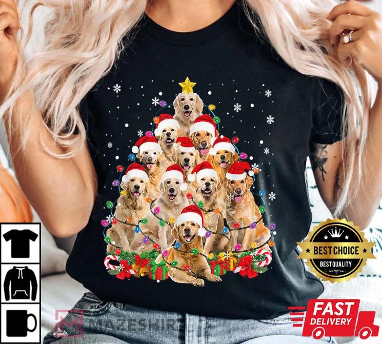 Funny Golden Retriever Christmas Lights Tree T Shirt All Size S to 5Xl XXXL