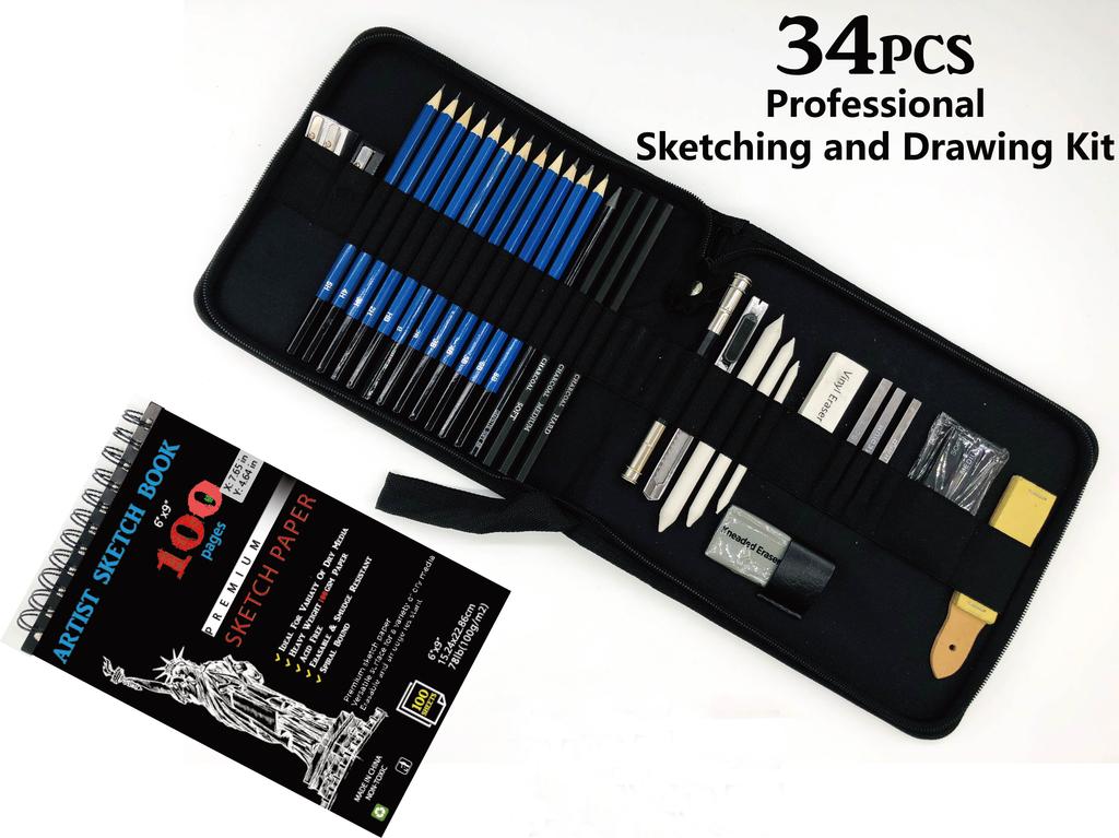 Hot Sale 34pcs Sketching and Drawing Pencil Set in Nylon Case with 100pages Sketch Pad in Paper Box for Professional Artist