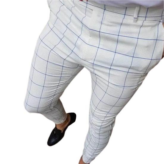 Men Pants Plaid Slim Spring Autumn Mid-rise Checkered Pattern Pencil Pants for Daily Wear