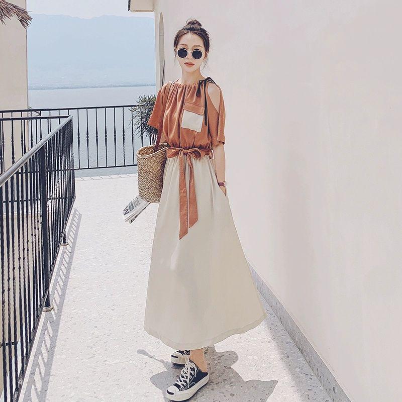 

Women s 2026 Summer Blue Ankle-Length Two-Piece Dress with French Touch S (45-55 kg)